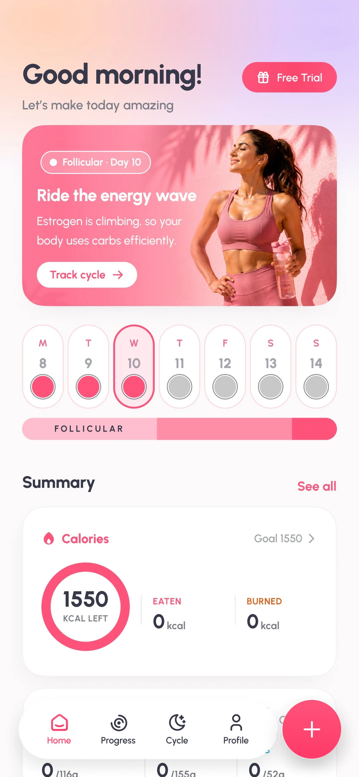 The CalFem home screen: cycle phase, week strip, calorie summary and the tab bar