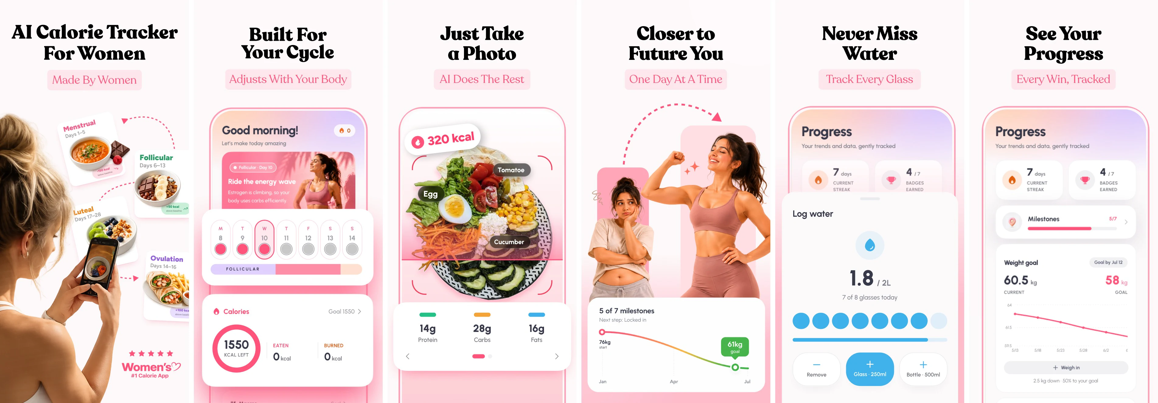 Six CalFem App Store screenshots: AI calorie tracker for women, built for your cycle, just take a photo, closer to future you, never miss water, see your progress