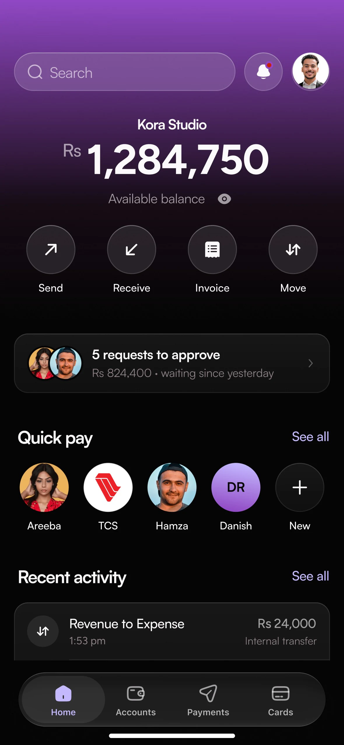 NayaPay Business Home: balance, requests to approve, quick pay and activity