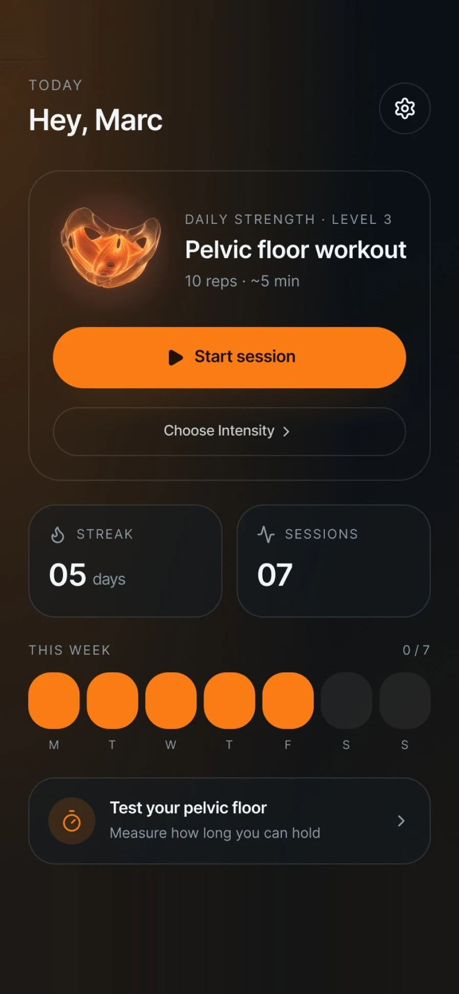 The Performax Today screen: today's pelvic floor workout, streak and sessions
