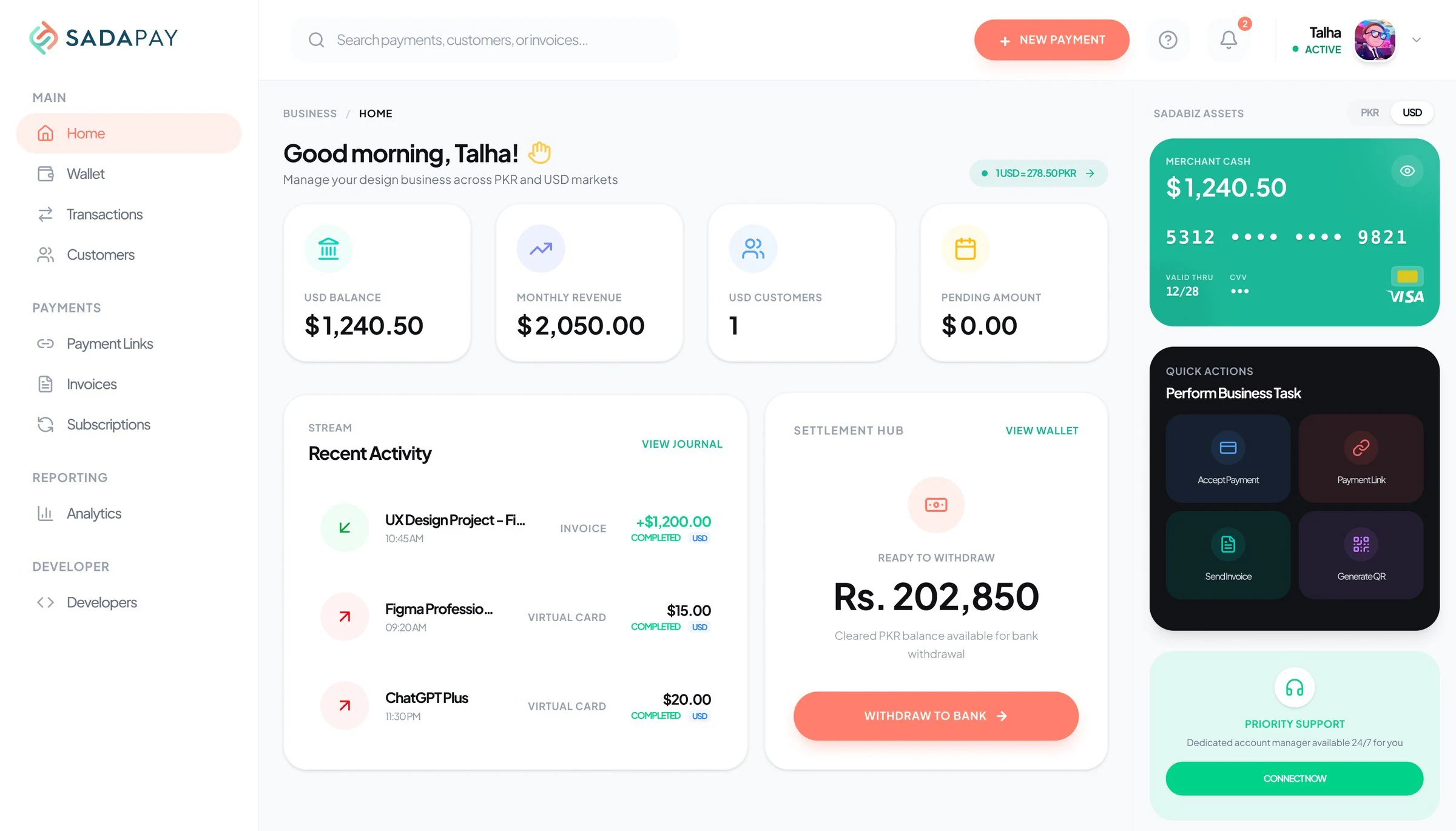 The SadaBiz home dashboard in USD